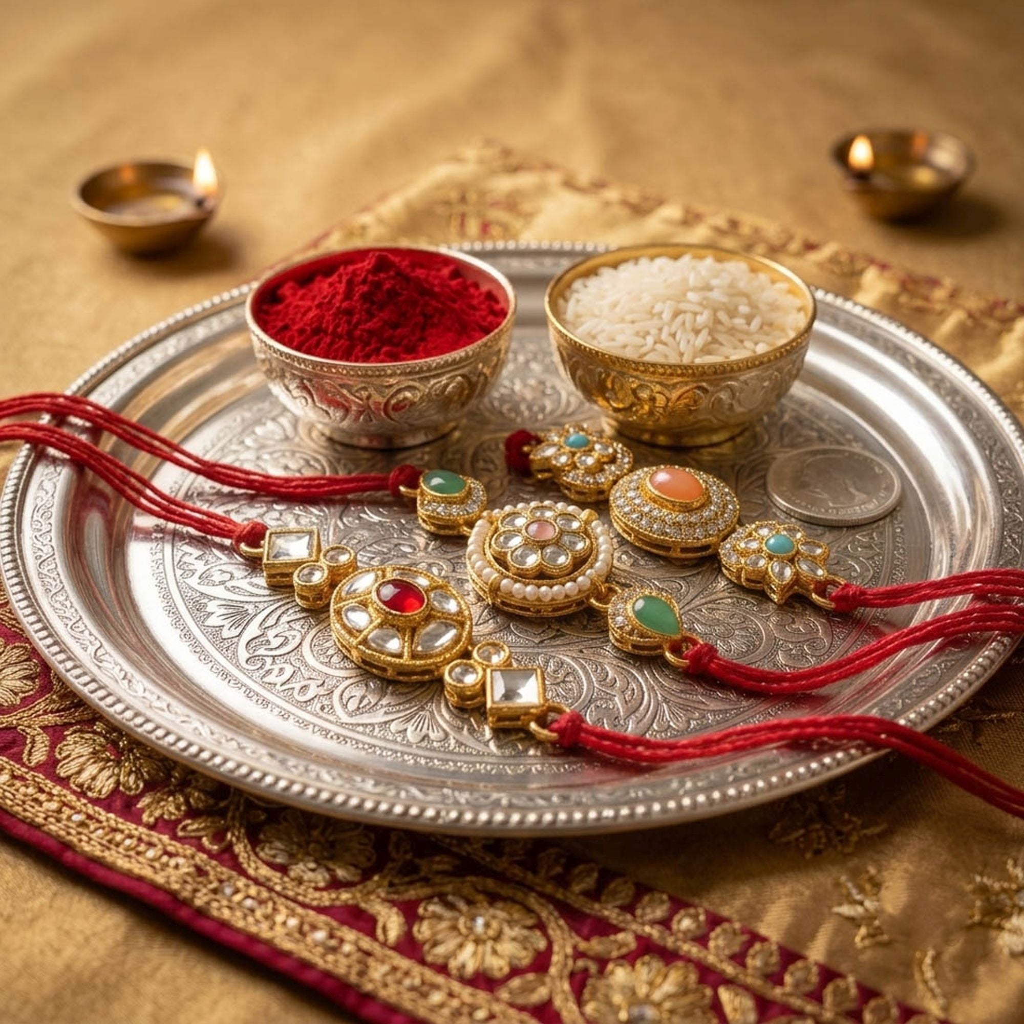 3 Pieces Combo Multi Color Premium Kundan Rakhis