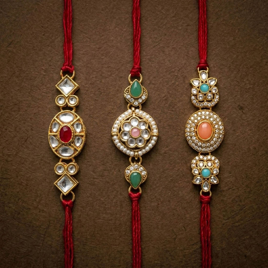 3 Pieces Combo Multi Color Premium Kundan Rakhis