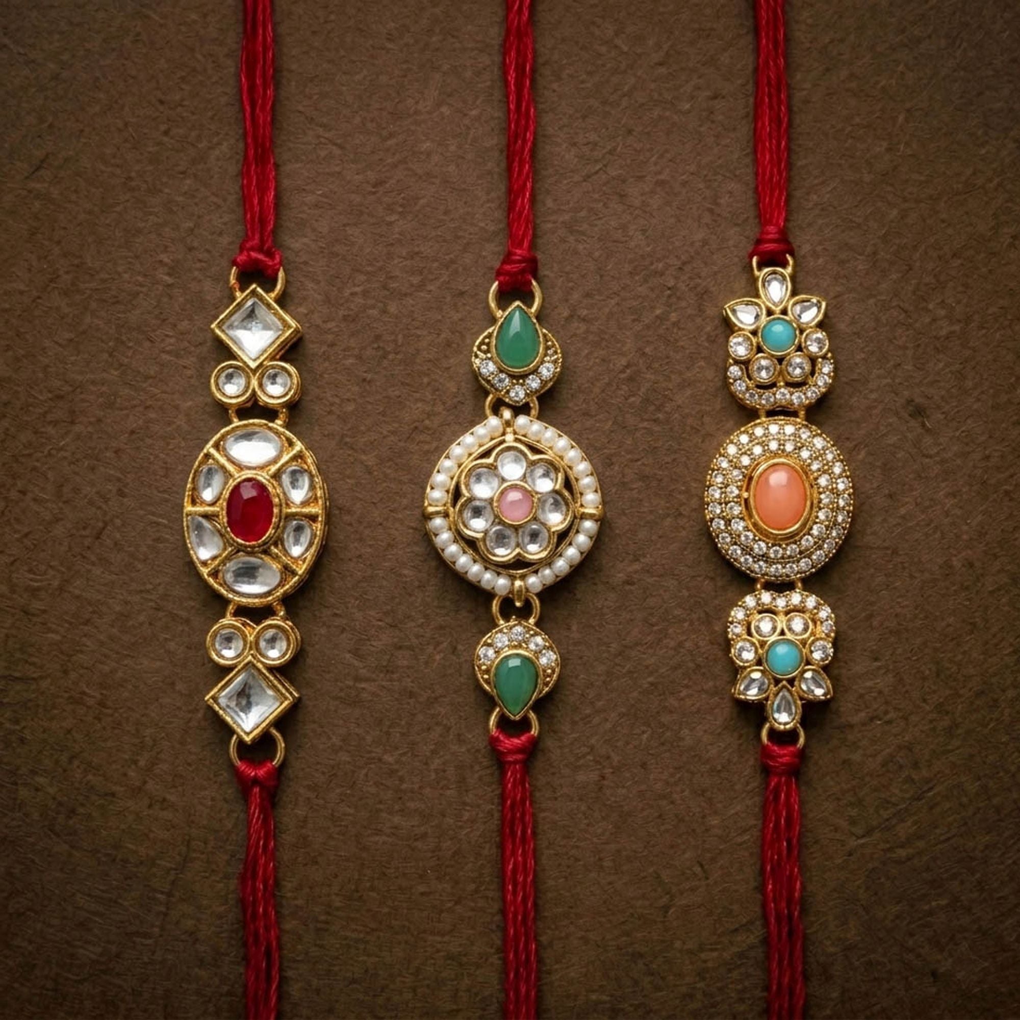 3 Pieces Combo Multi Color Premium Kundan Rakhis