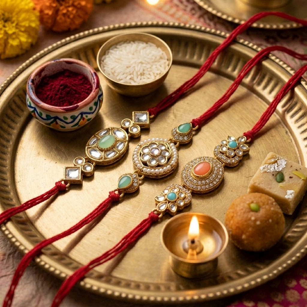 3 Pieces Combo Multi Color Traditional Kundan Rakhis