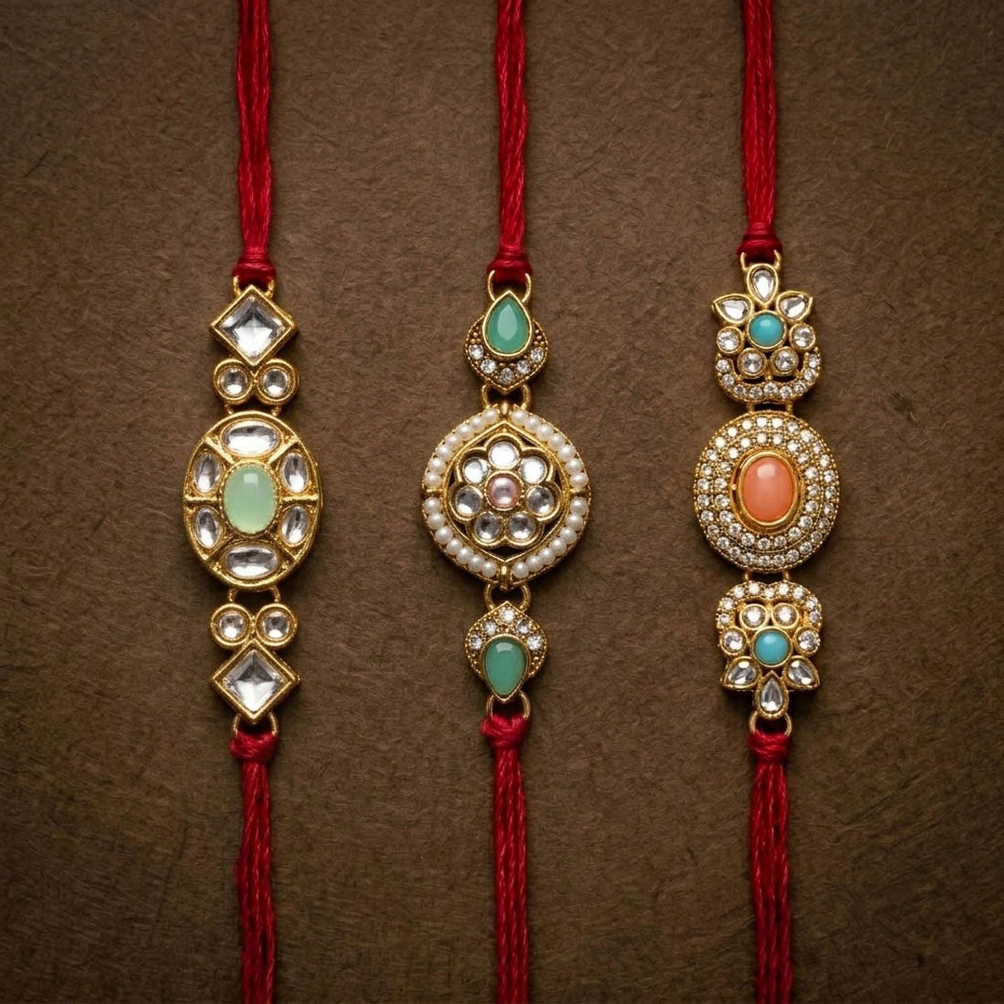 3 Pieces Combo Multi Color Traditional Kundan Rakhis
