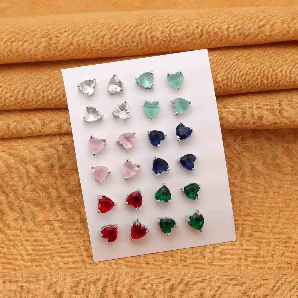 Multi Color 12 Pairs Elegant American Diamond Stud Earrings Combo For Wedding Functions