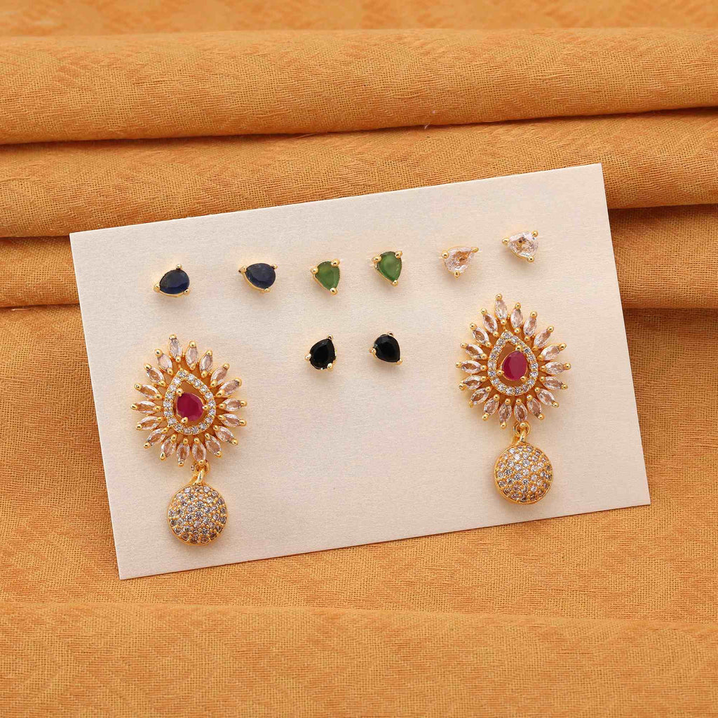 Multi Color 5 In 1 Interchangeable American Diamond Stud Earrings Combo For Women’S Fashion