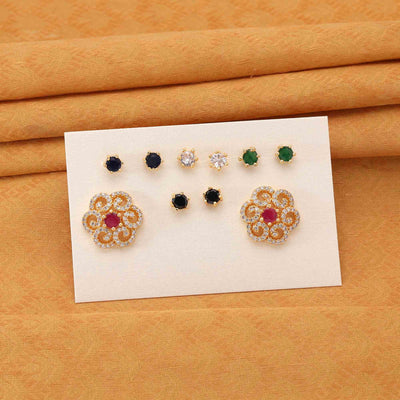 Multi Color 5 In 1 Festive Changeable American Diamond Stud Earrings Combo For Gifting Idea