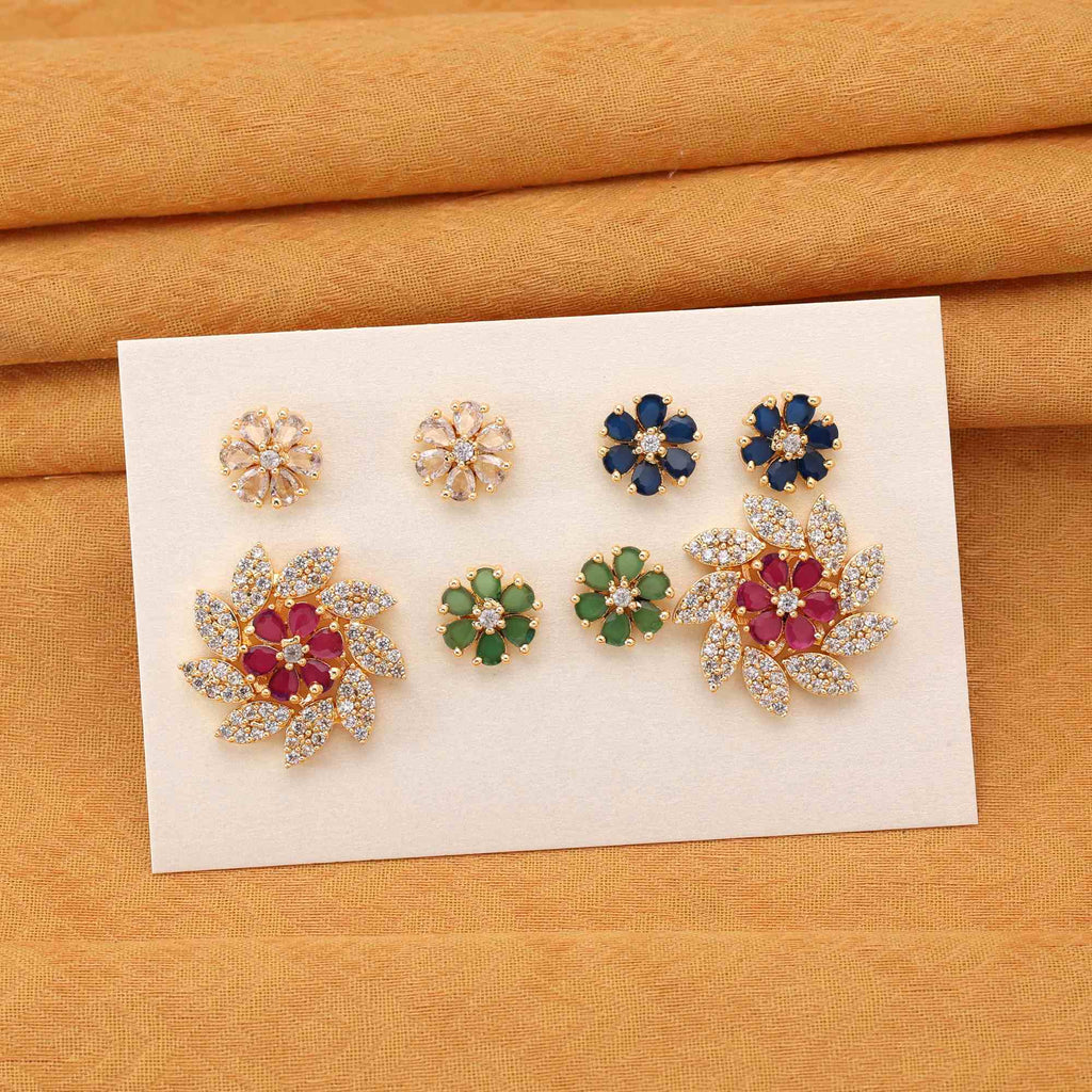 Multi Color 5 In 1 Elegant Changeable American Diamond Stud Earrings Combo For Party Style