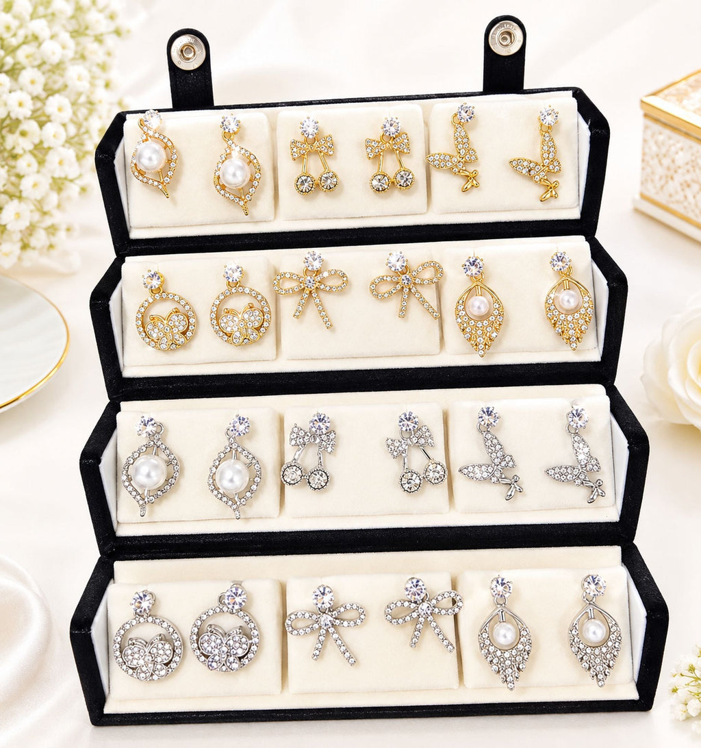White & Silver Color 12 Pairs Stud Earrings Combo Jewellery Box For Women And Girls