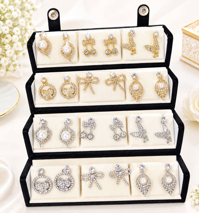 White & Silver Color 12 Pairs Stud Earrings Combo Jewellery Box For Women And Girls