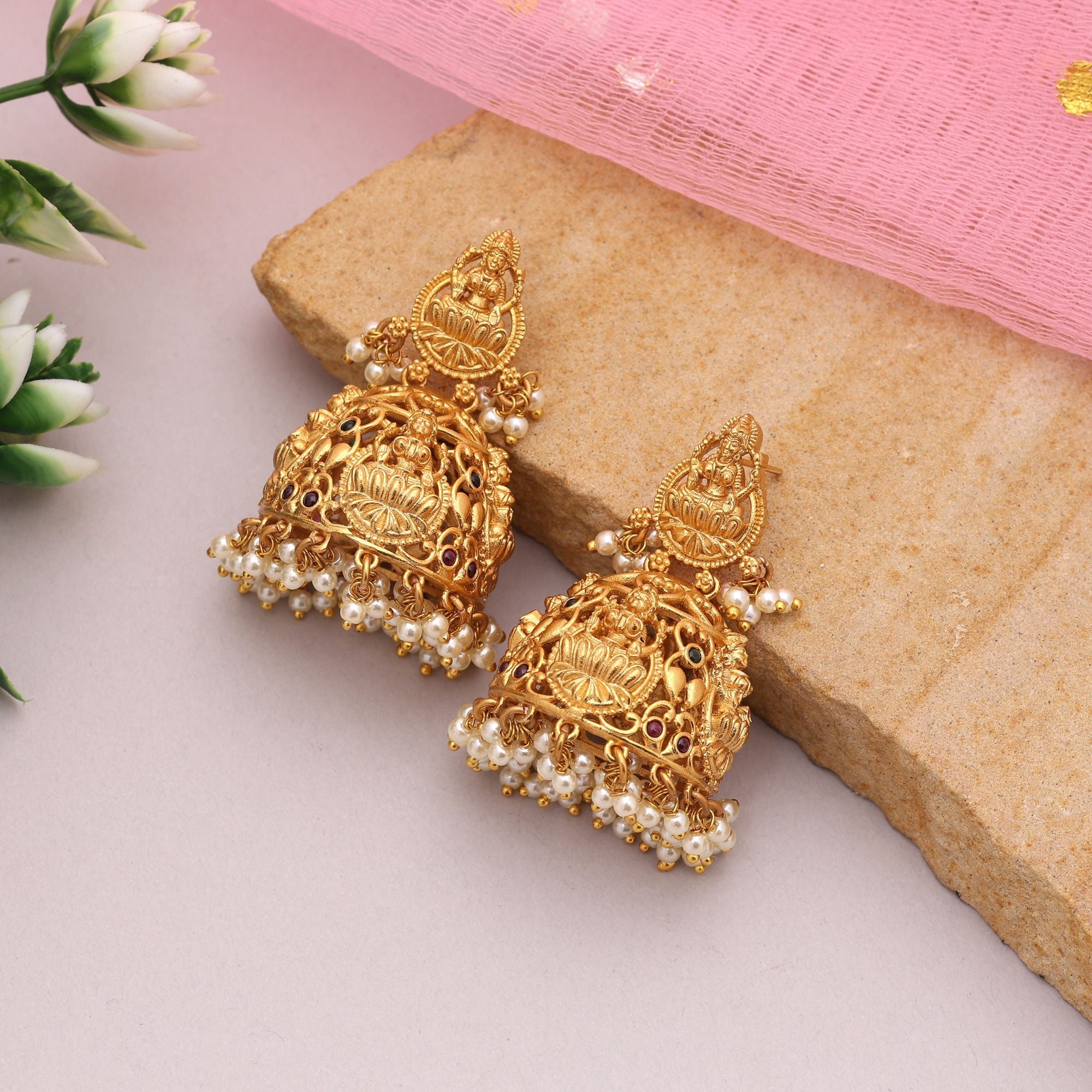 Rani & Green Color Lord Laxmi Temple Earrings