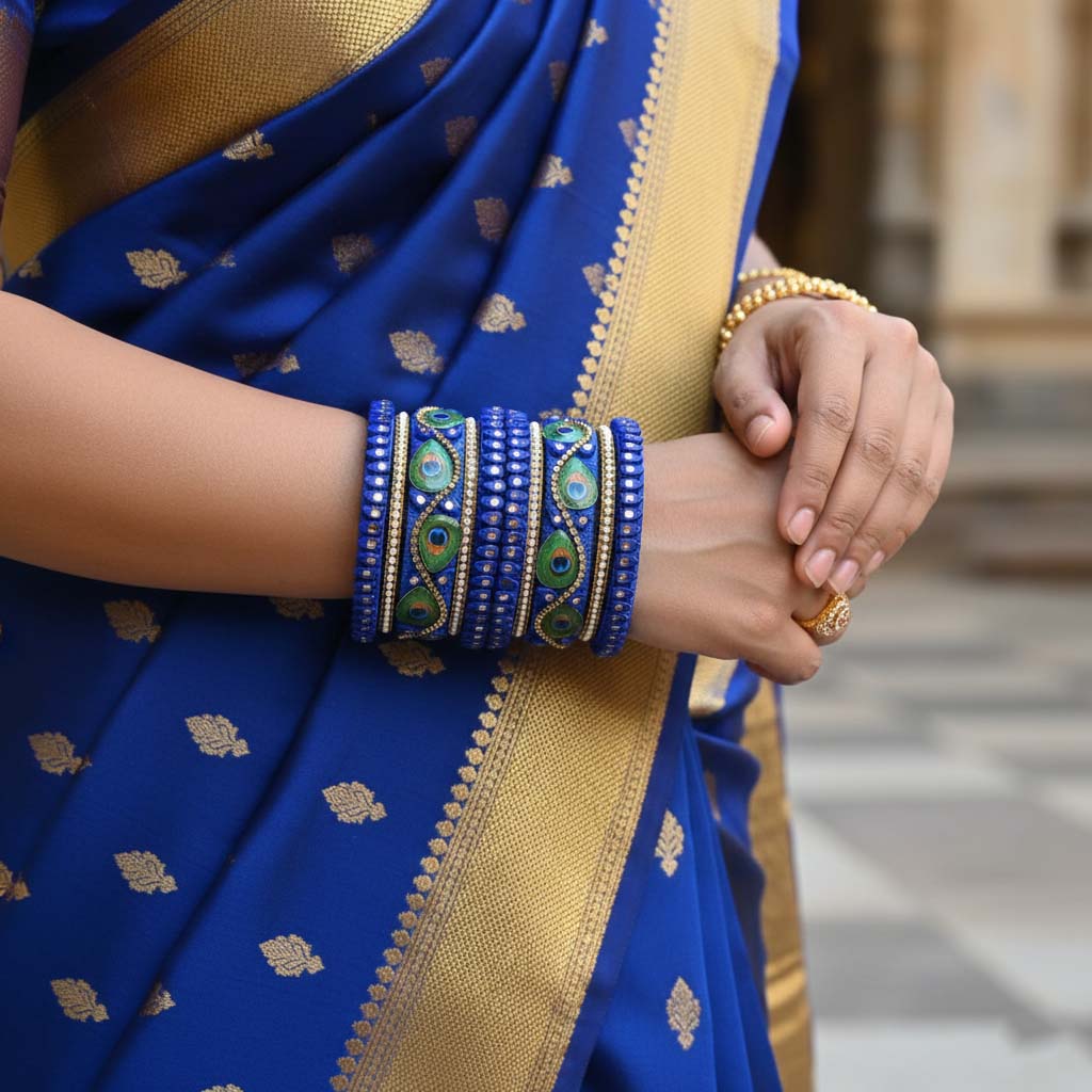 Blue Color Peacock Feather 1 Set Of Thread Bangle