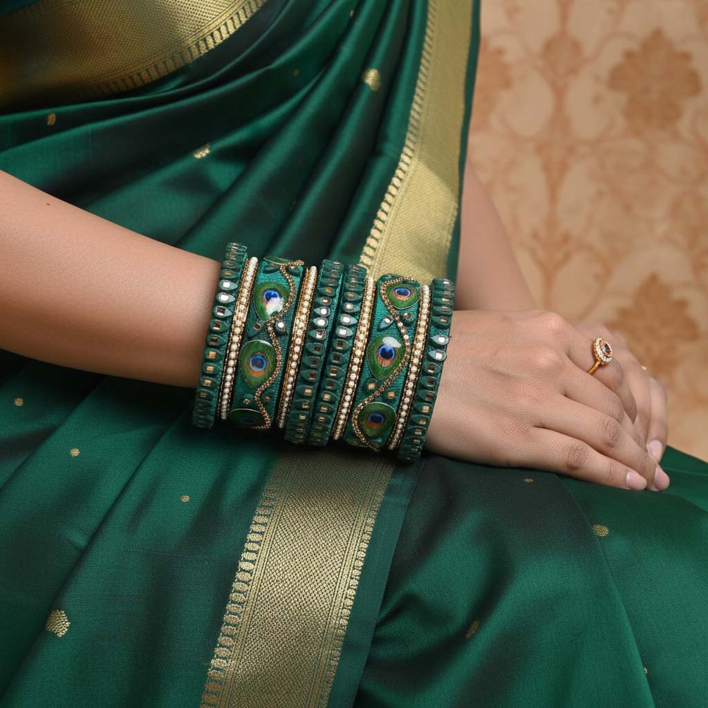 Green Color Peacock Feather 1 Set Of Thread Bangle