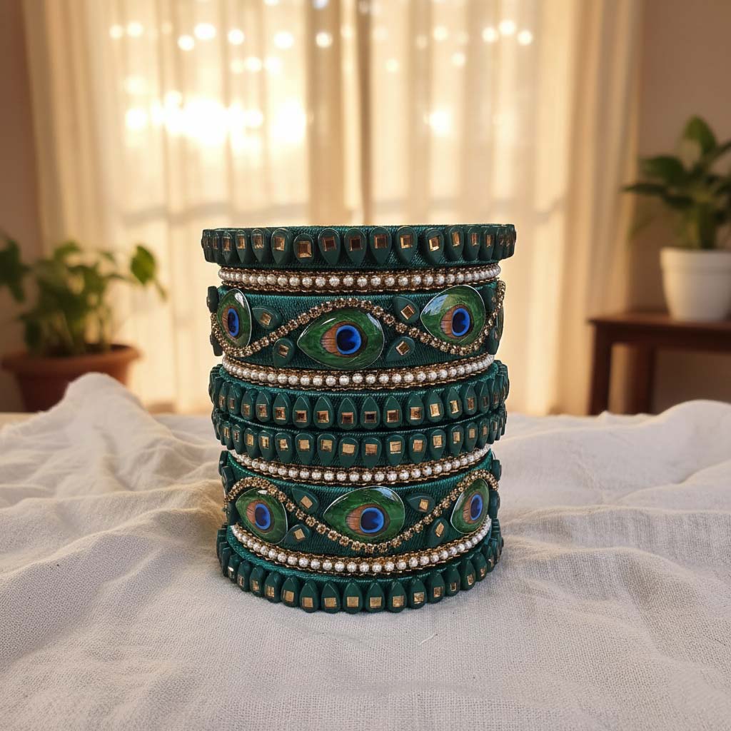 Green Color Peacock Feather 1 Set Of Thread Bangle