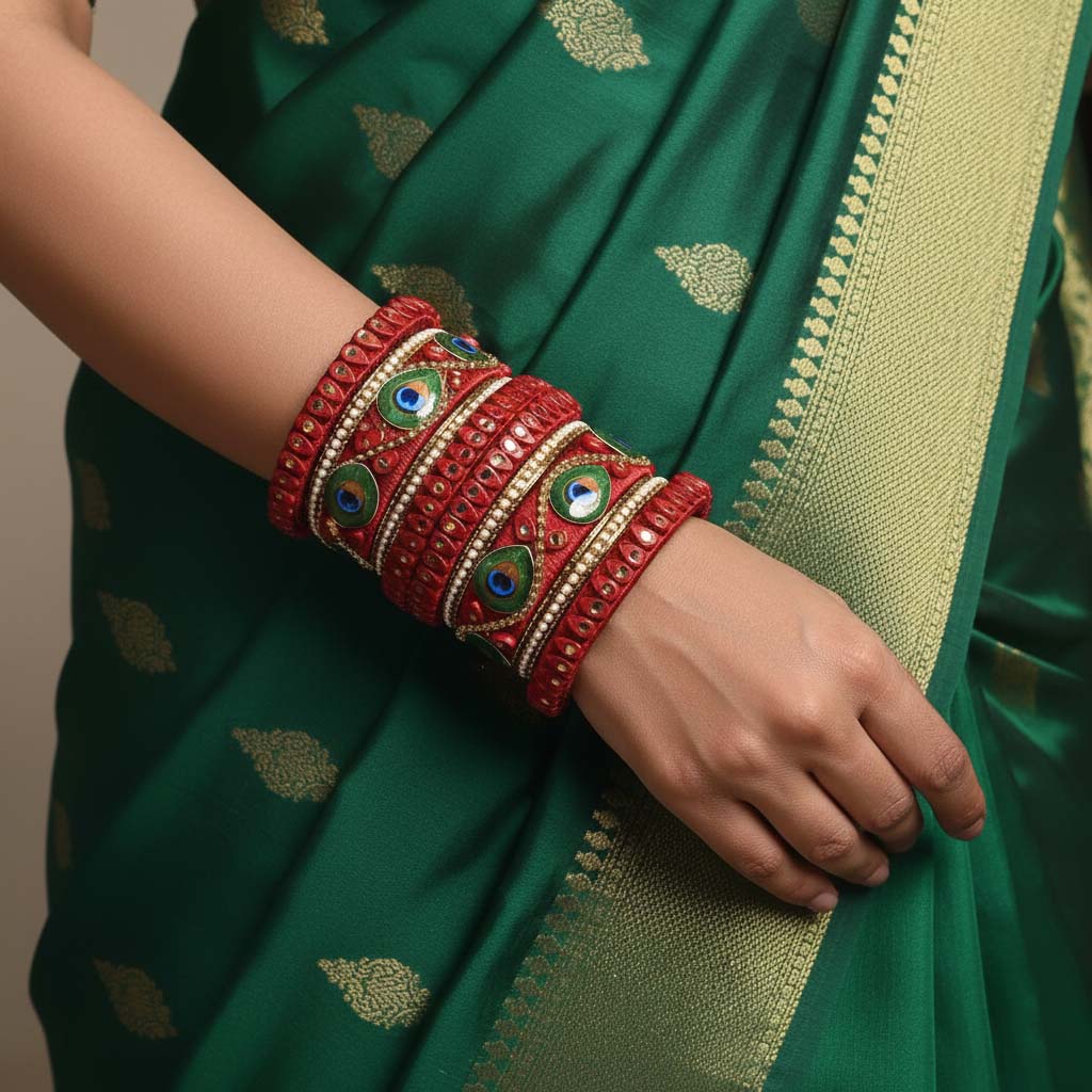 Maroon Color Peacock Feather 1 Set Of Thread Bangle