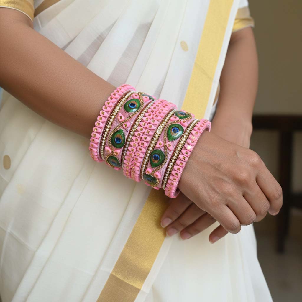 Pink Color Peacock Feather 1 Set Of Thread Bangle