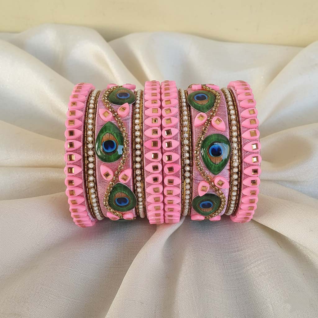 Pink Color Peacock Feather 1 Set Of Thread Bangle