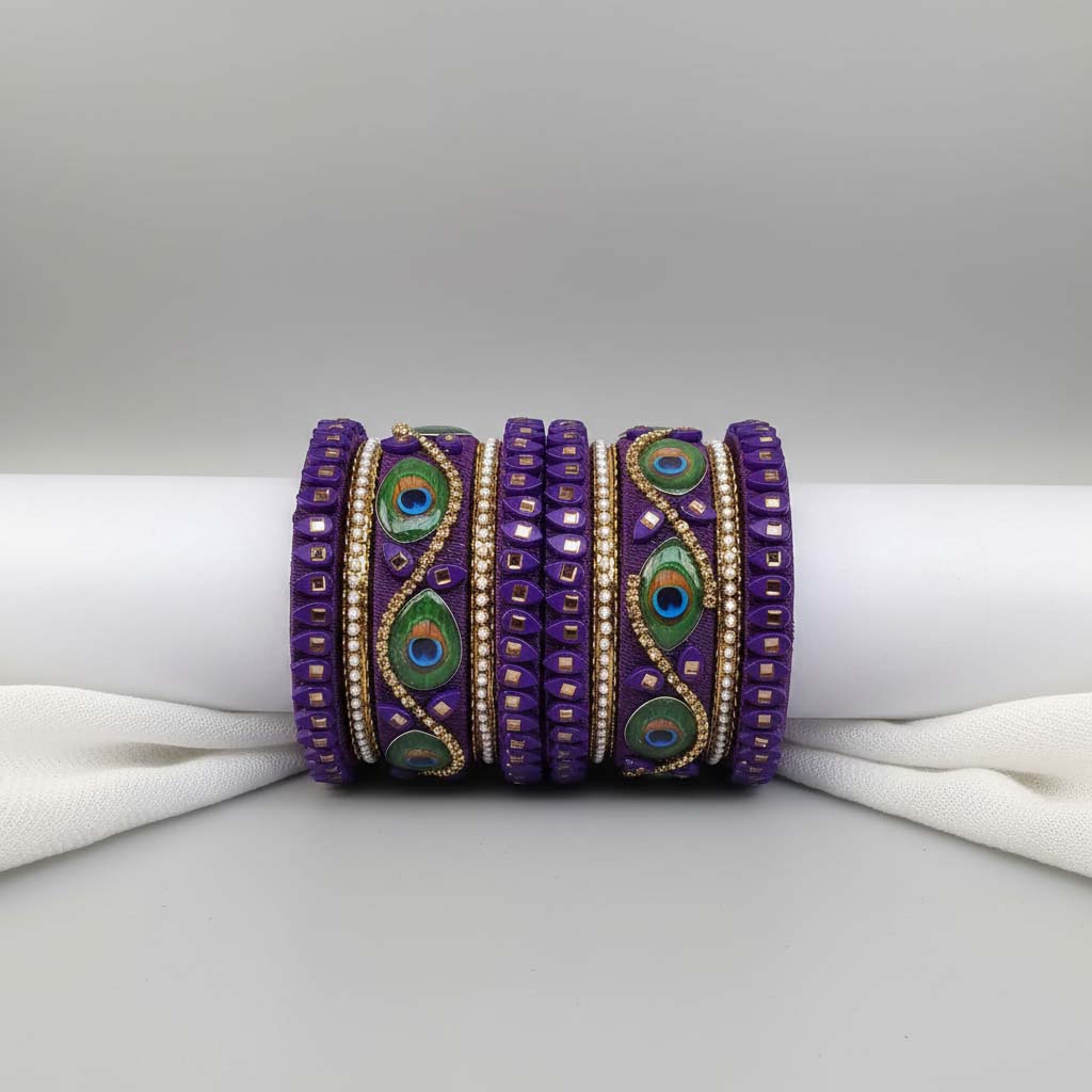 Purple Color Peacock Feather 1 Set Of Thread Bangle