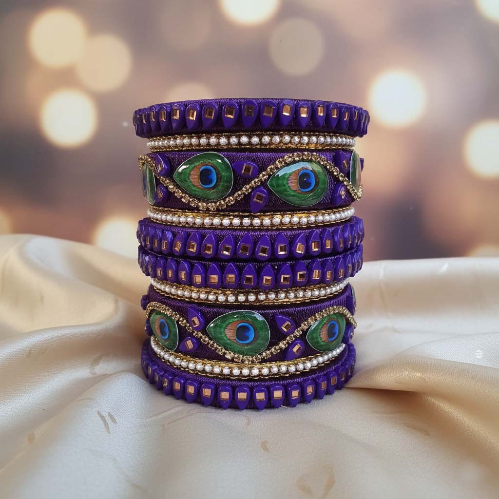 Purple Color Peacock Feather 1 Set Of Thread Bangle