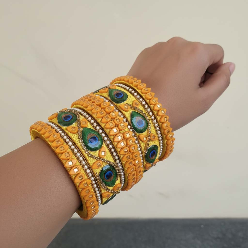Yellow Color Peacock Feather 1 Set Of Thread Bangle