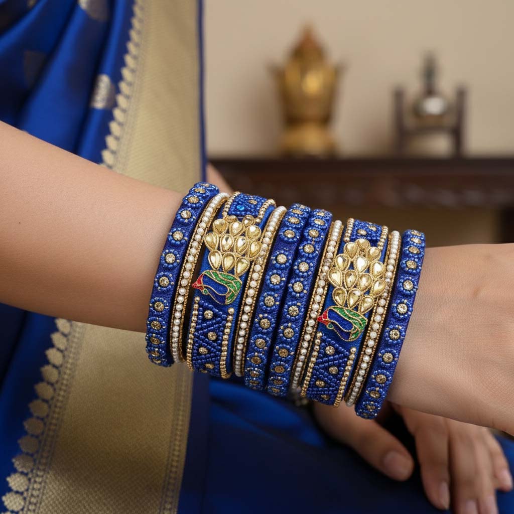 Blue Color Peacock Inspired 1 Set Of Thread Bangle