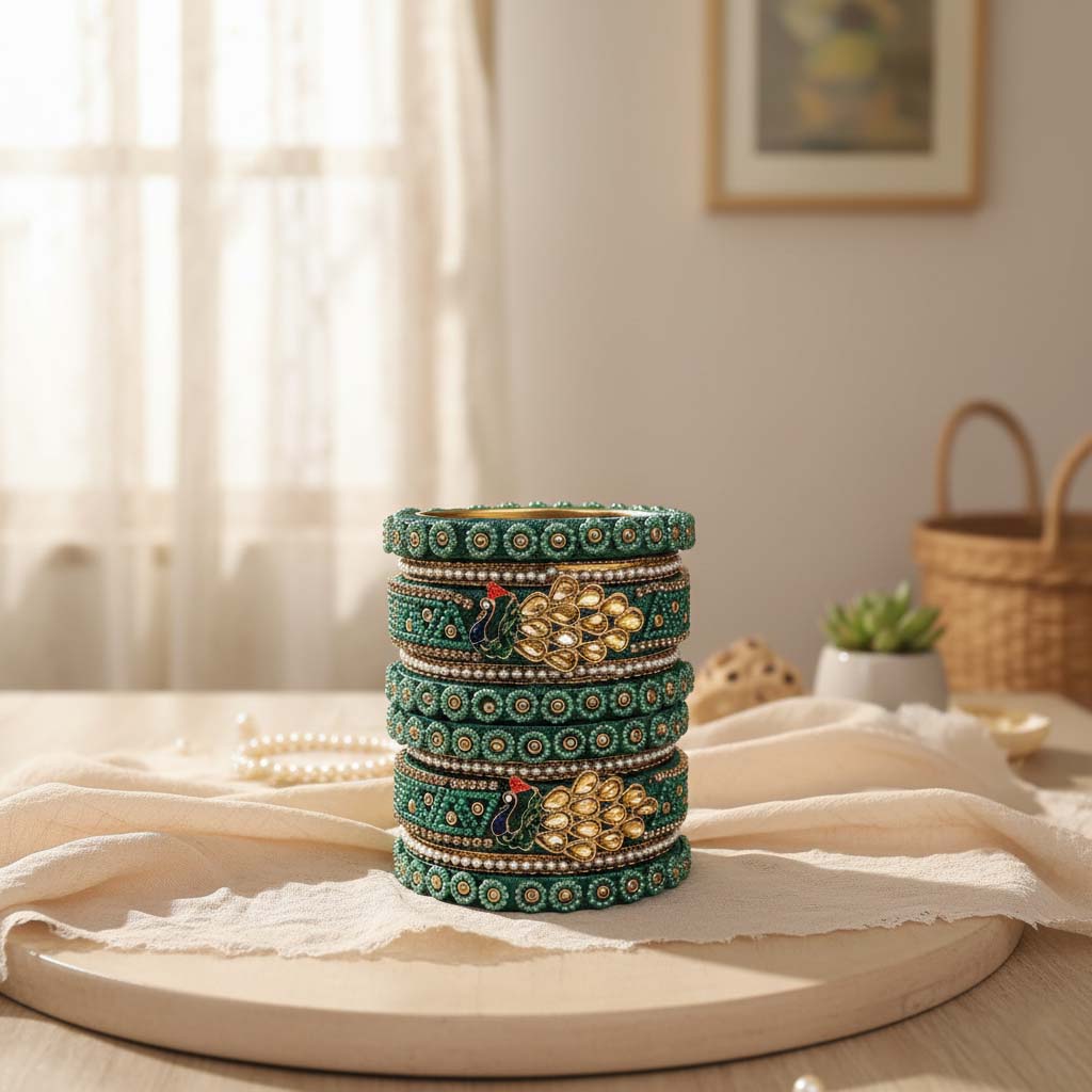 Green Color Peacock Inspired 1 Set Of Thread Bangle