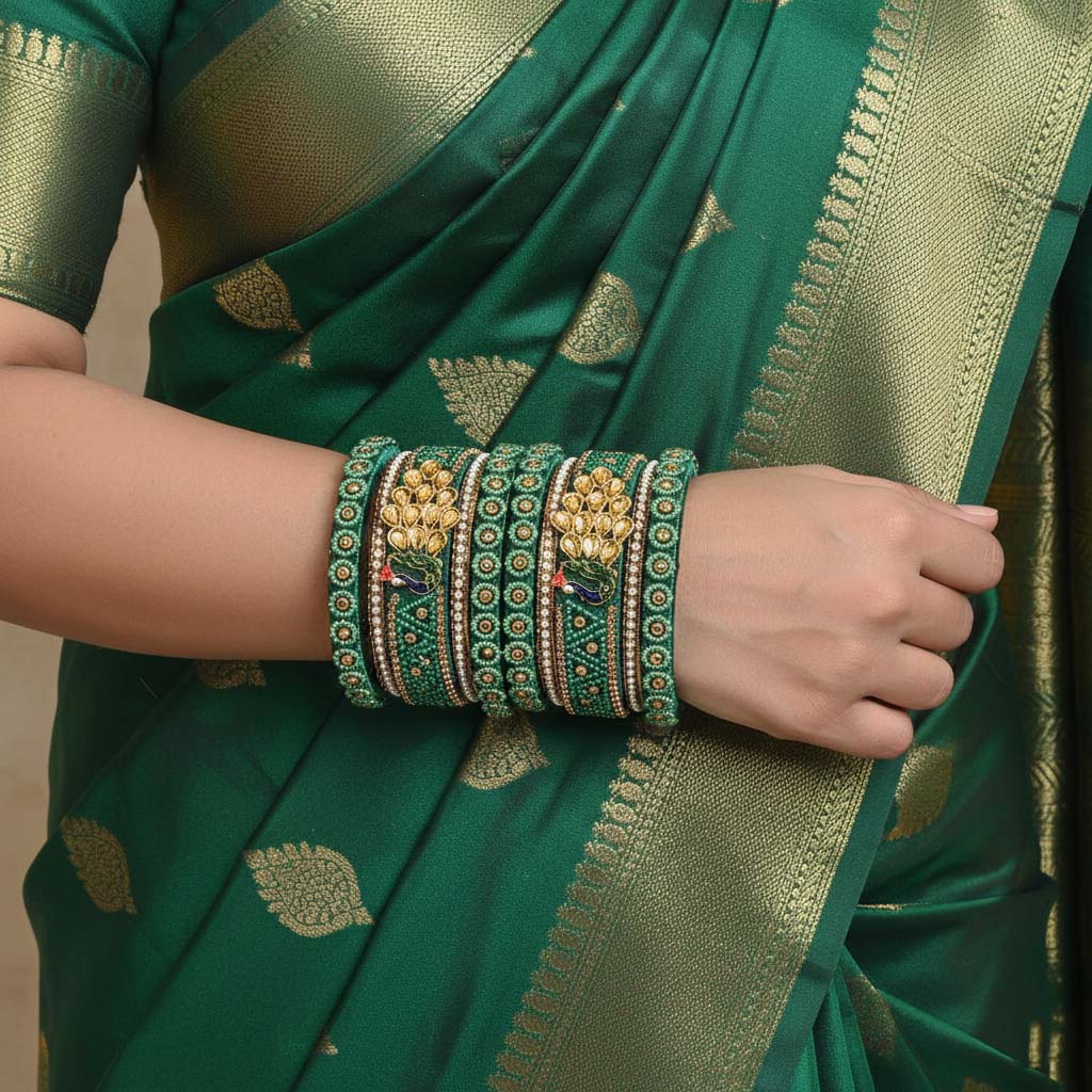 Green Color Peacock Inspired 1 Set Of Thread Bangle