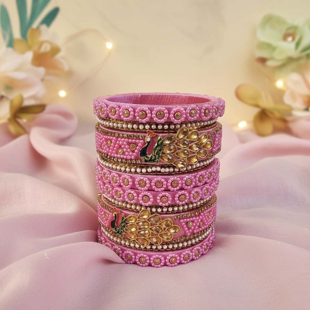 Pink Color Peacock Inspired 1 Set Of Thread Bangle