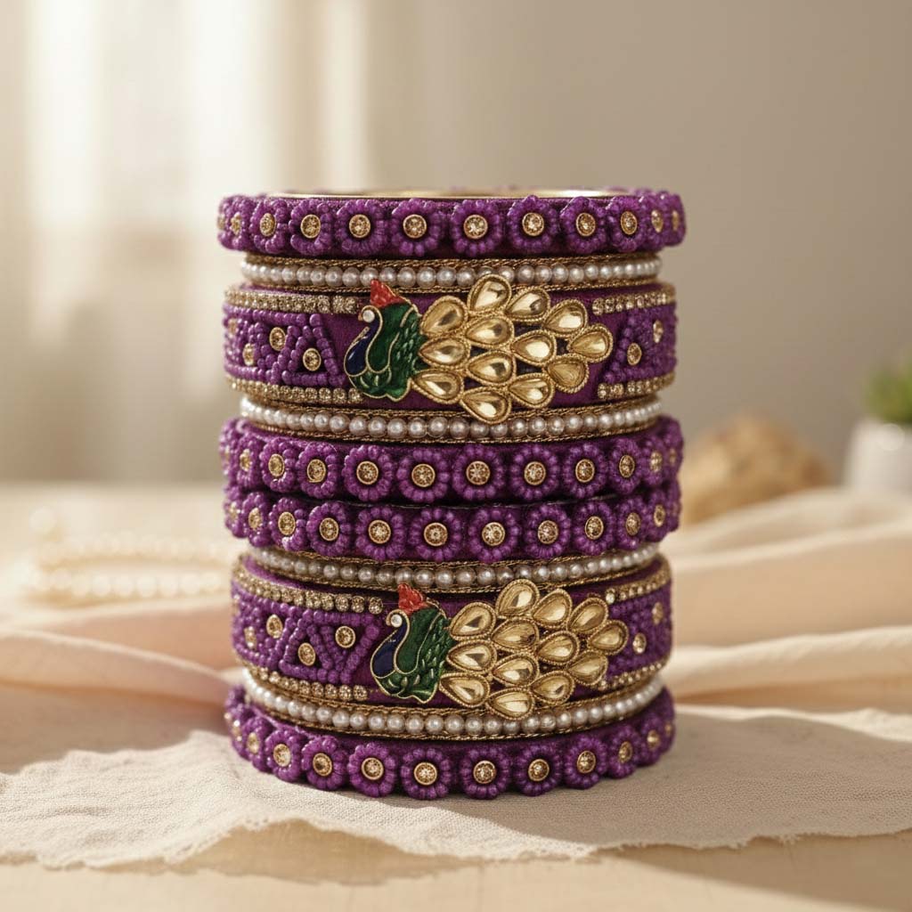 Purple Color Peacock Inspired 1 Set Of Thread Bangle