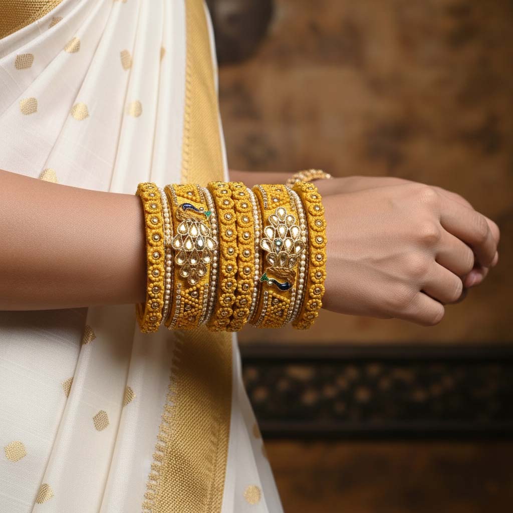 Yellow Color Peacock Inspired 1 Set Of Thread Bangle