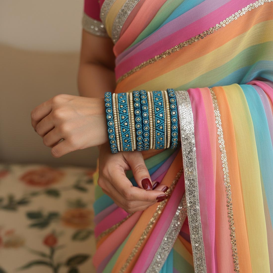Turquoise Blue Color 1 Set Of Thread Bangle With Vibrant Traditional Design