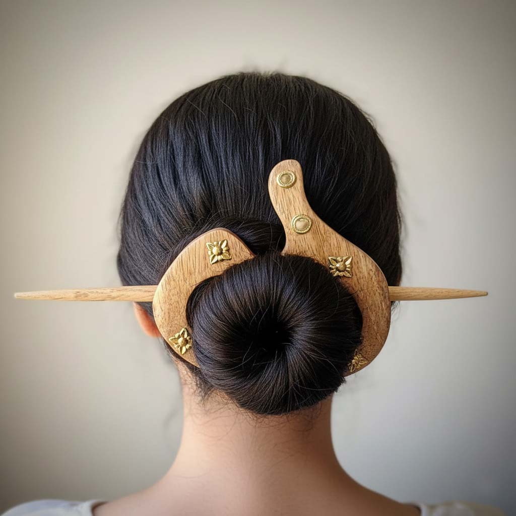 Brown Color Wooden Hair Pin Crafted With Elegant Traditional Detailing For Beautiful Everyday Hairstyling