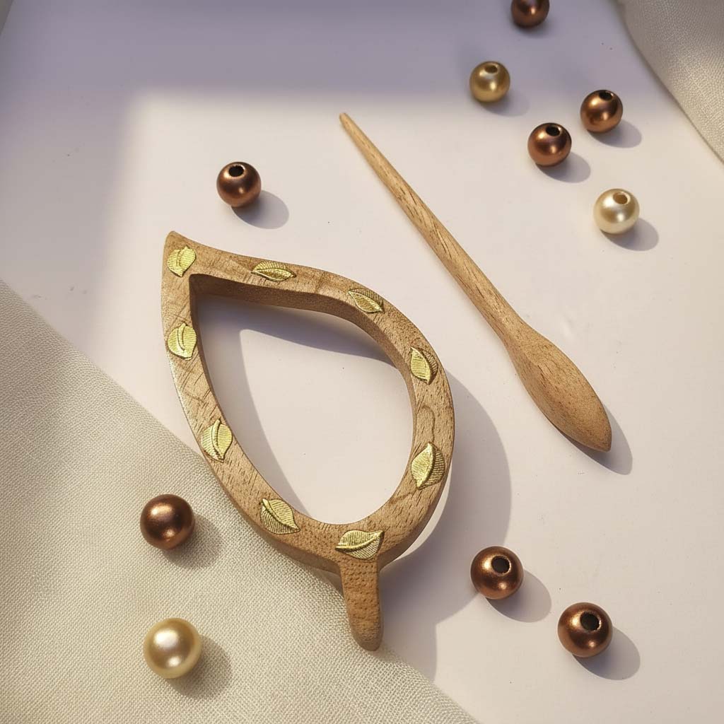 Premium Brown Color Wooden Hair Pin Made To Complement Ethnic Outfits With Subtle Wooden Artistry