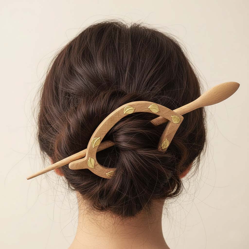 Premium Brown Color Wooden Hair Pin Made To Complement Ethnic Outfits With Subtle Wooden Artistry