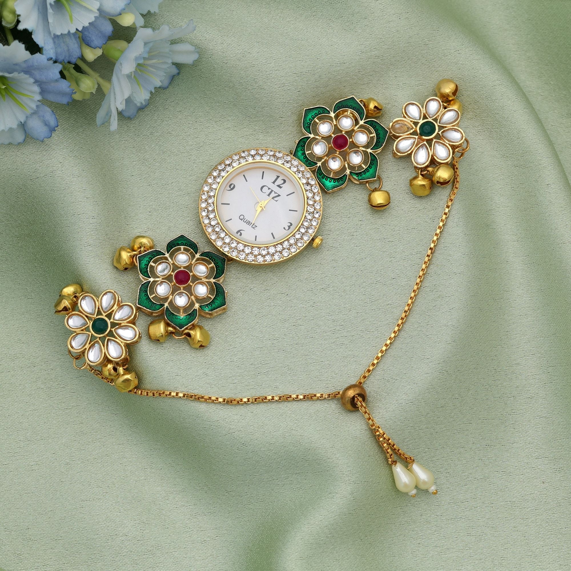 Rani & Green Color Kundan Watch For Girls & Women