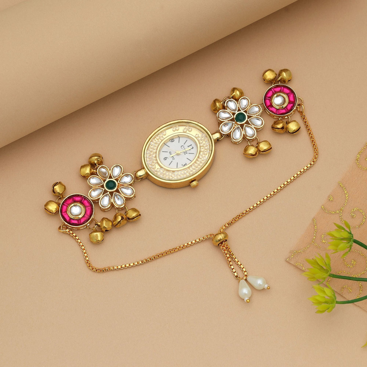 Rani & Green Color Kundan Watch Festive Style