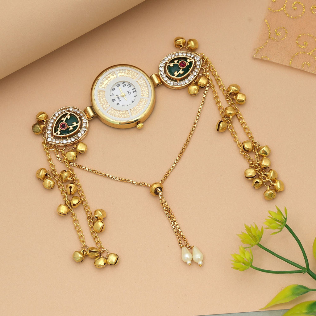 Green Color Kundan Watch Minimal Design