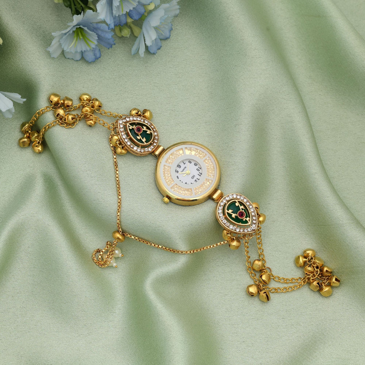 Green Color Kundan Watch Minimal Design
