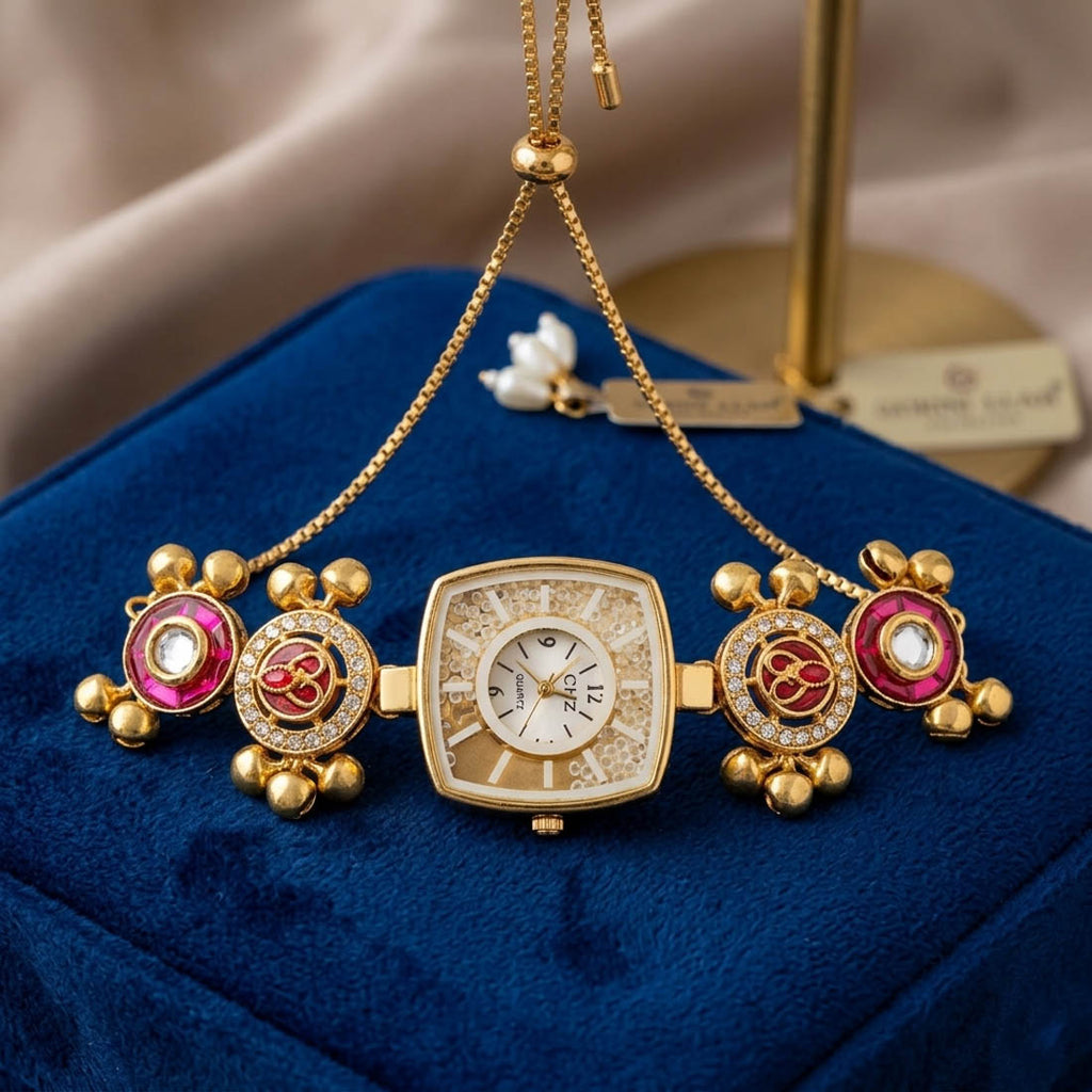 Rani Color Stylish Kundan Watch