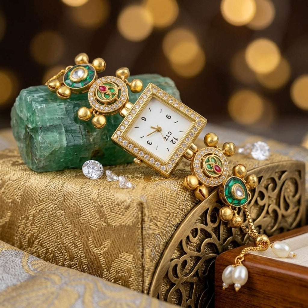 Green Color Stylish Kundan Watch