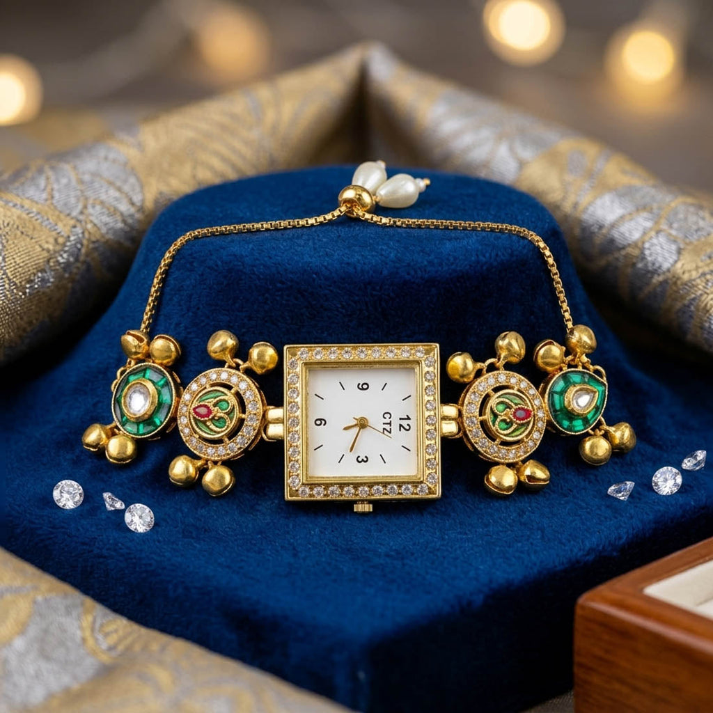 Green Color Stylish Kundan Watch
