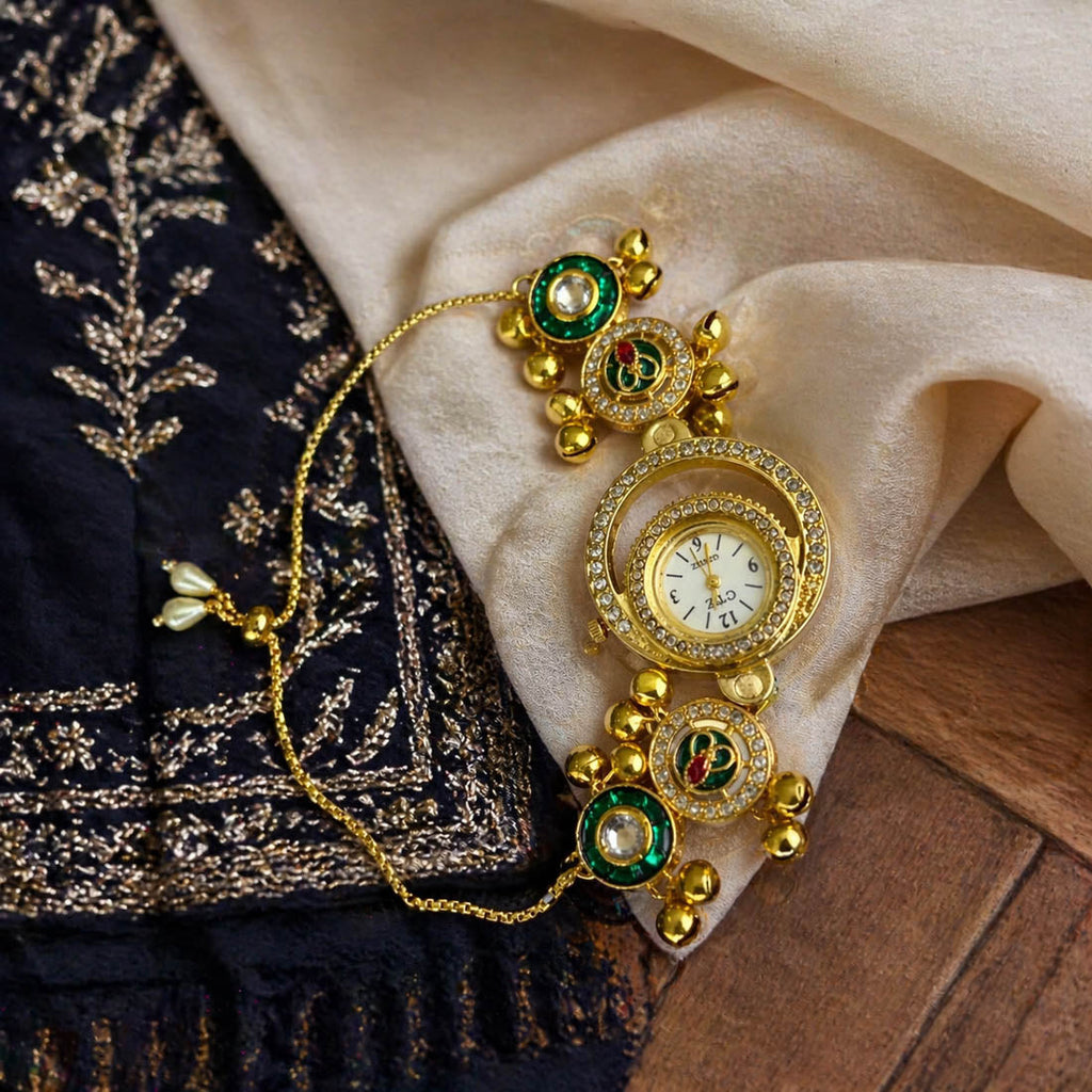 Green Color Designer Kundan Watch
