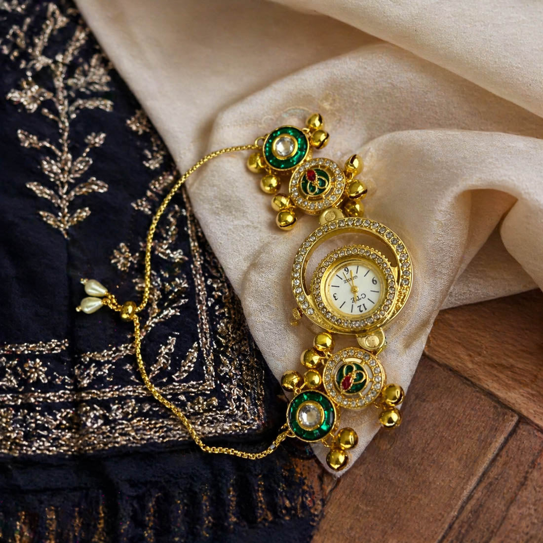 Green Color Designer Kundan Watch