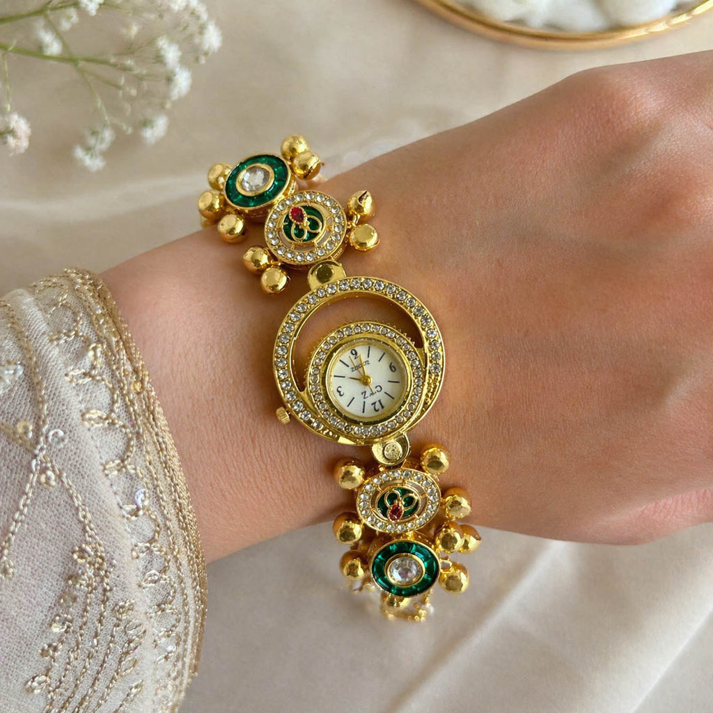 Green Color Designer Kundan Watch