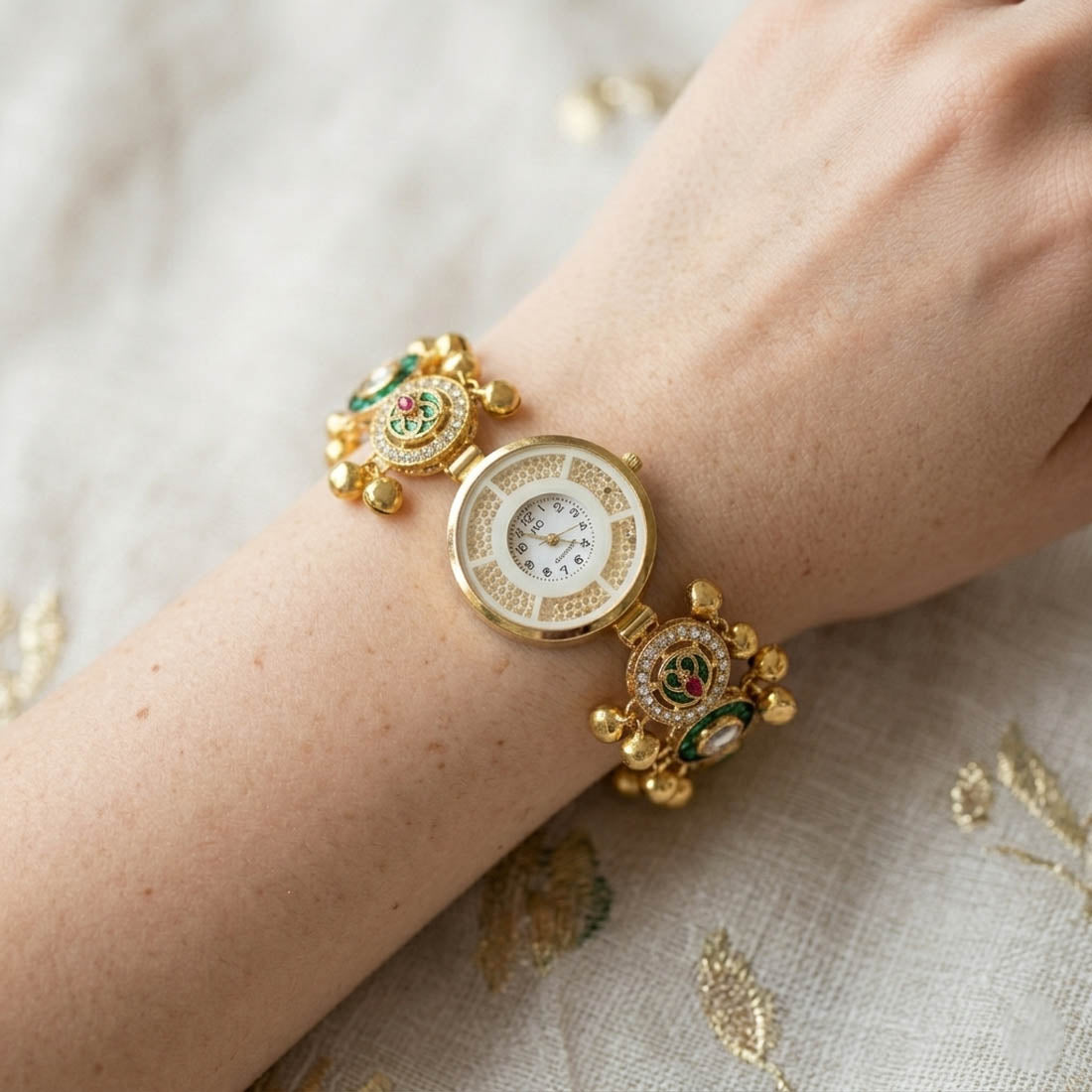 Green Color Fancy Kundan Watch