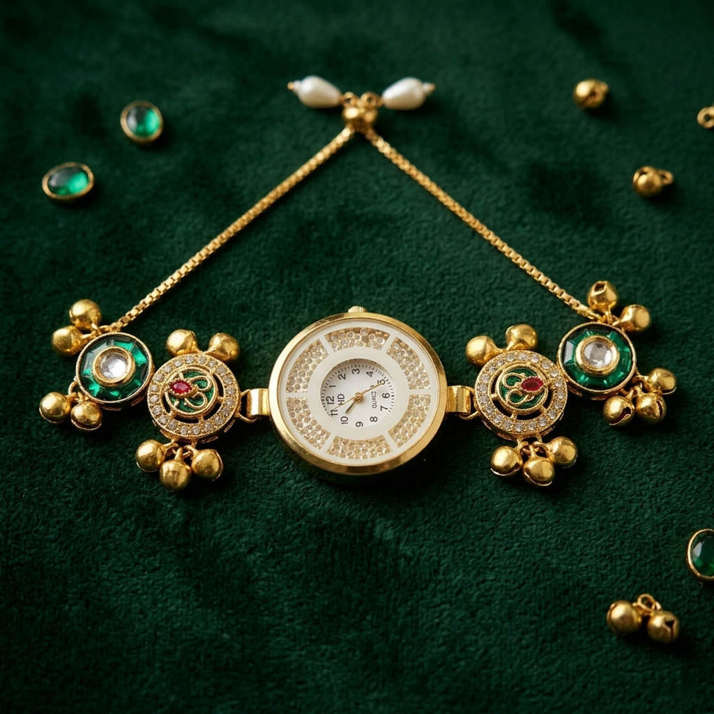 Green Color Fancy Kundan Watch