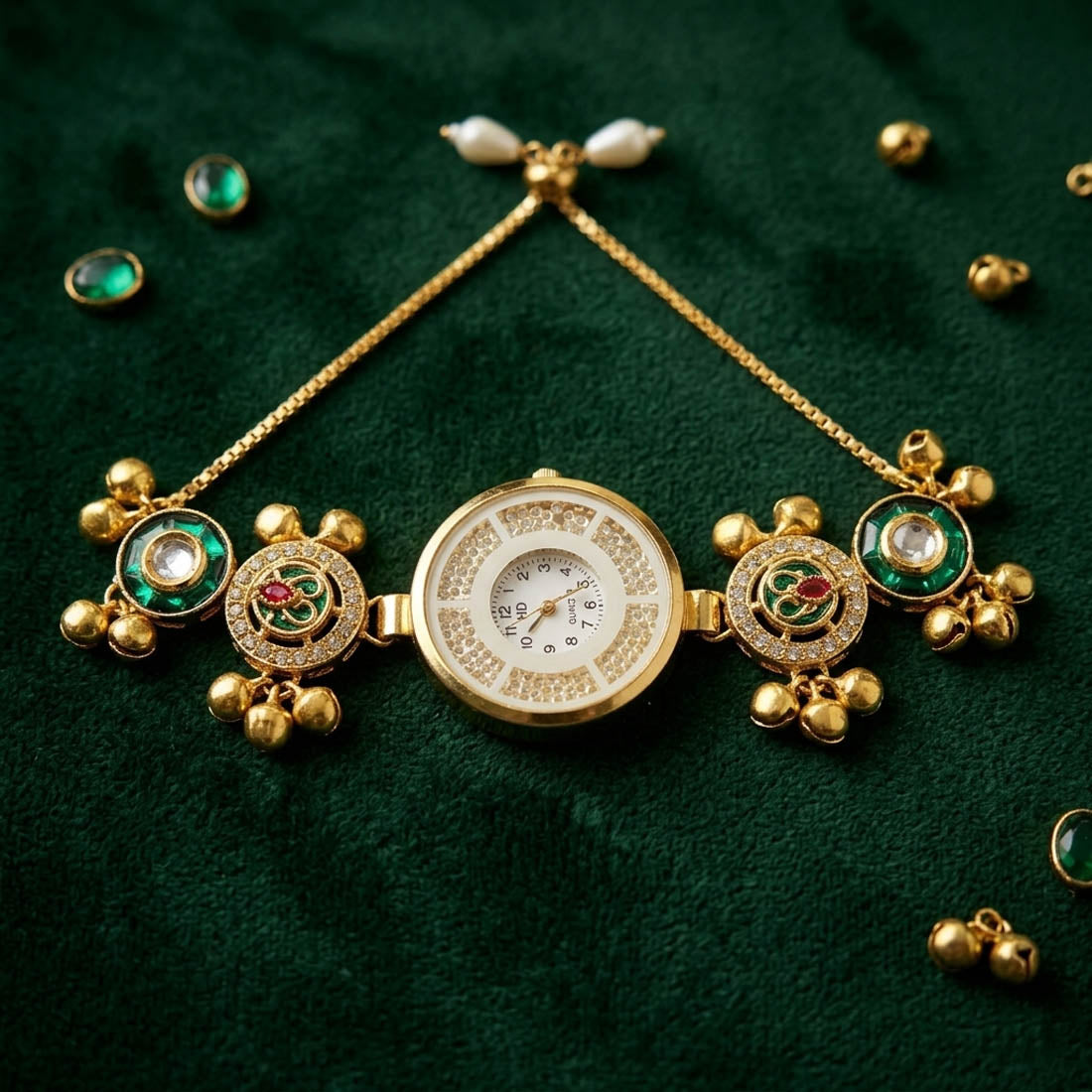Green Color Fancy Kundan Watch