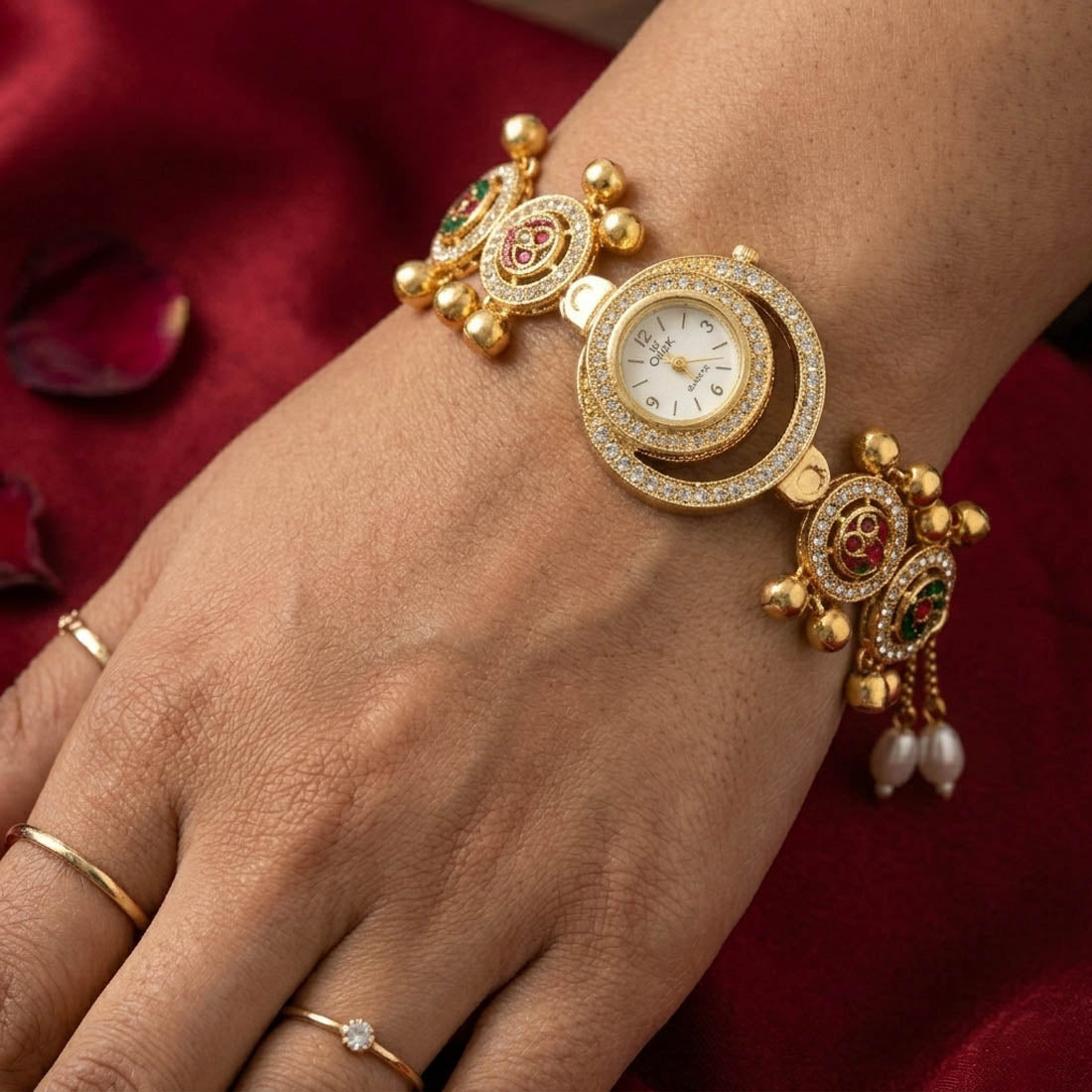 Rani Green Color Glitter Kundan Watch