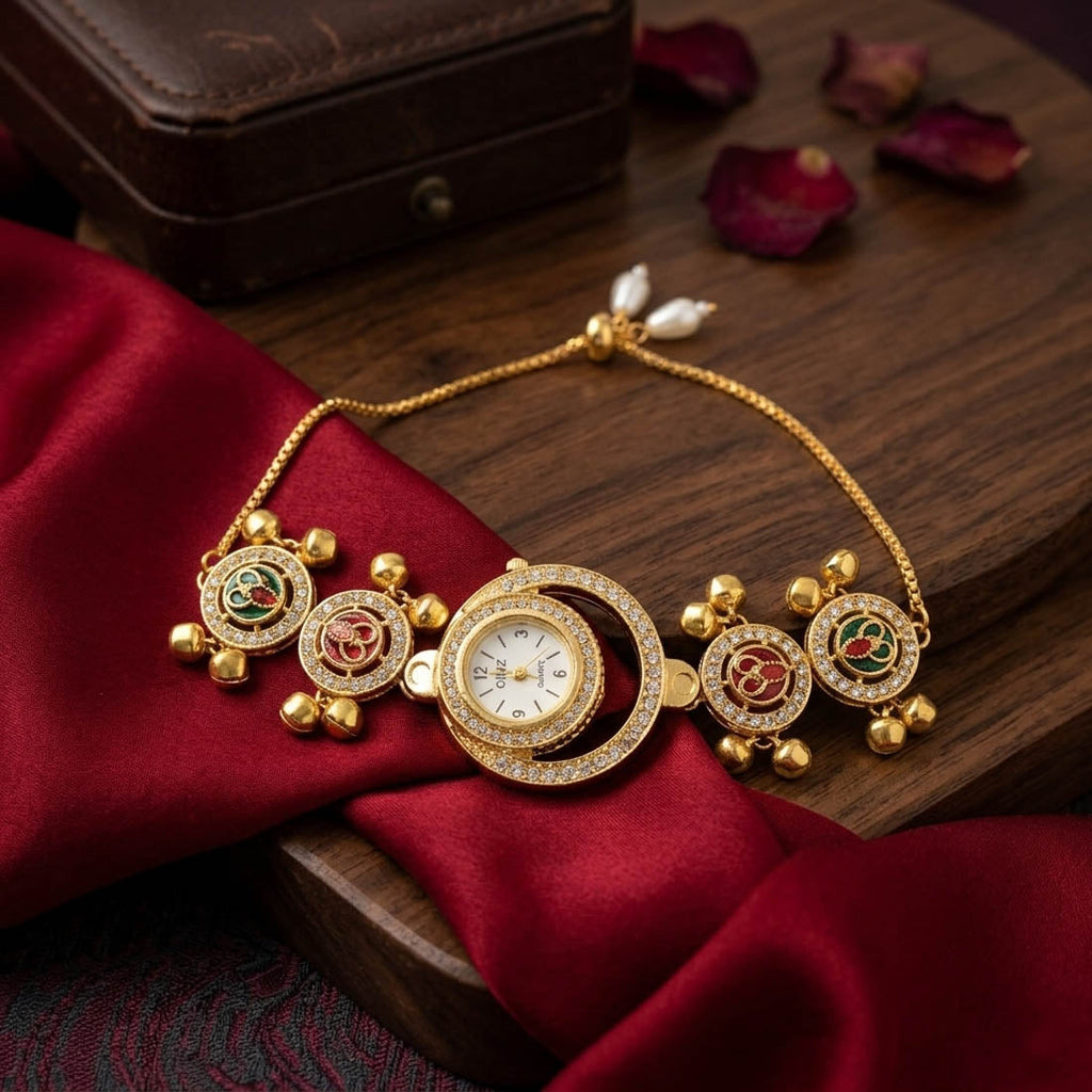 Rani Green Color Glitter Kundan Watch