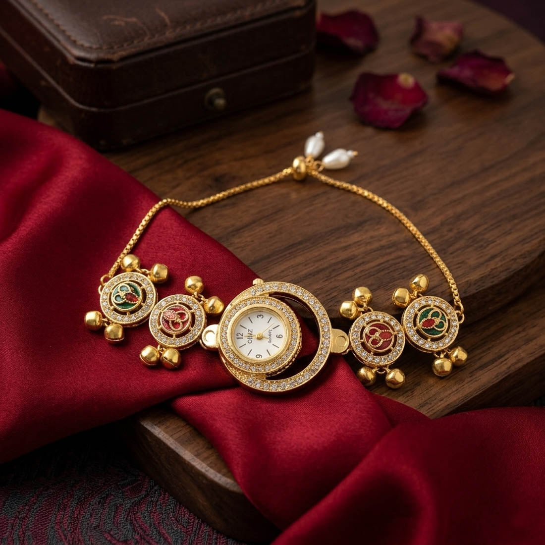 Rani Green Color Glitter Kundan Watch