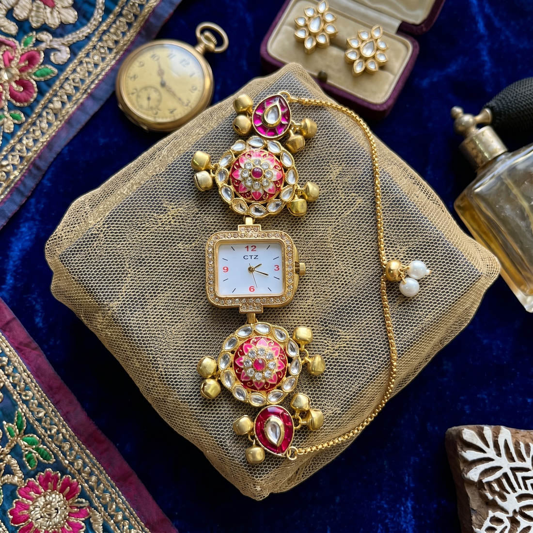 Elegant Rani Color Kundan Watch For Girls & Women