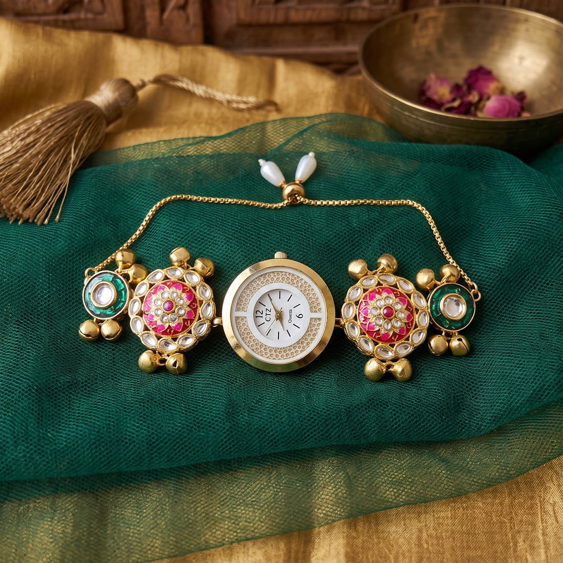 Beautiful Rani & Green Color Kundan Watch For Girls & Women