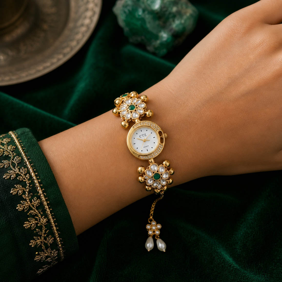 Green Kundan Watch for Girls & Women Party Wear